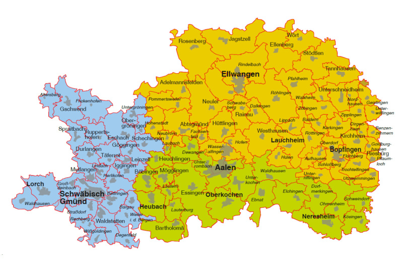 Beratungsstandorte Pflegestützpunkt Ostalbkreis Übersichtskarte und Aufteilung der Beratungsstandorte Pflegestützpunkt Ostalbkreis